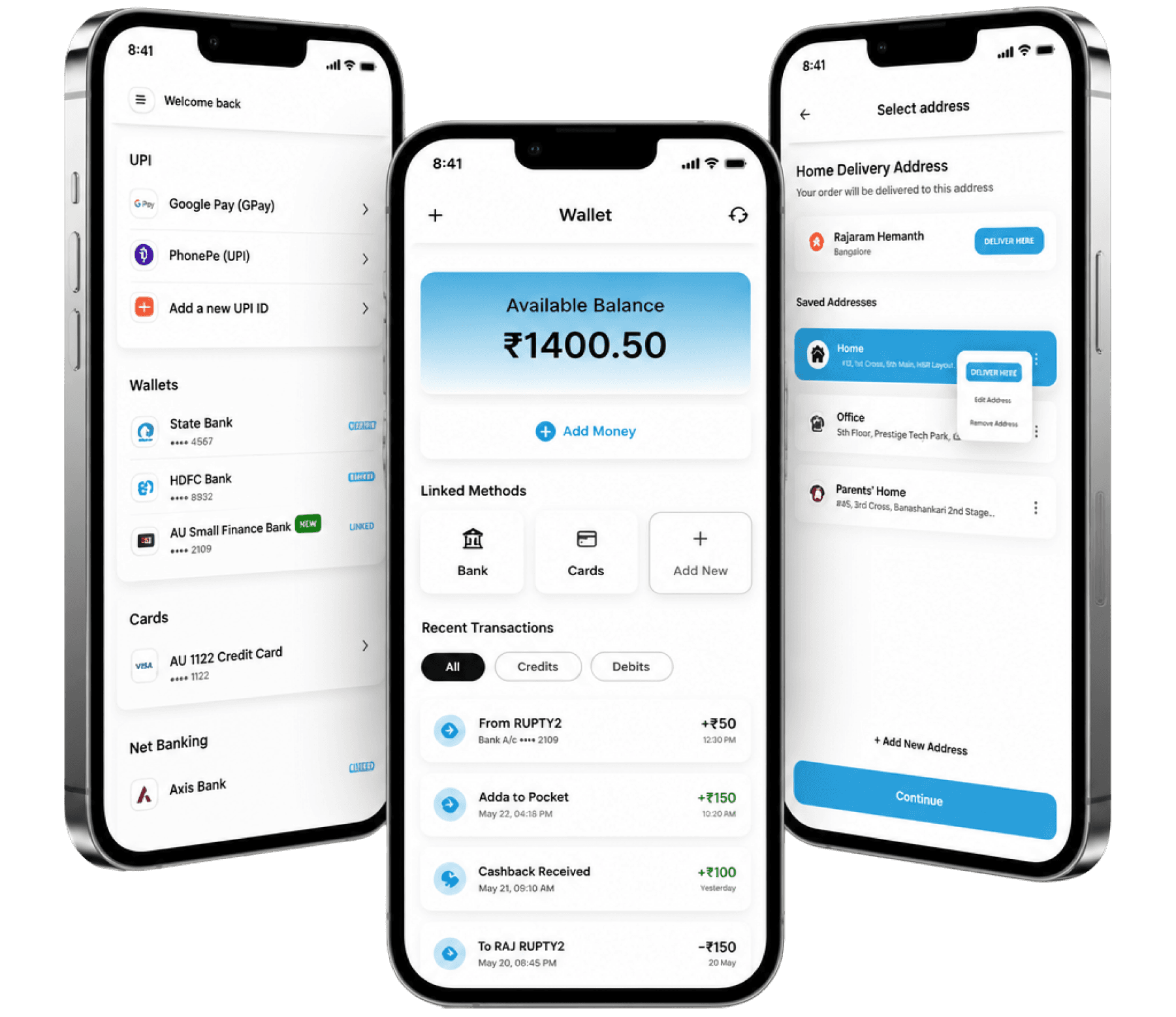Seizeit wallet, order and saved-address screens